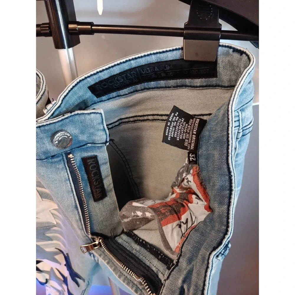 Rockstar Original Star Patch Stacked Denim Jeans Light Blue Distressed NWT 32 - Picture 5 of 6